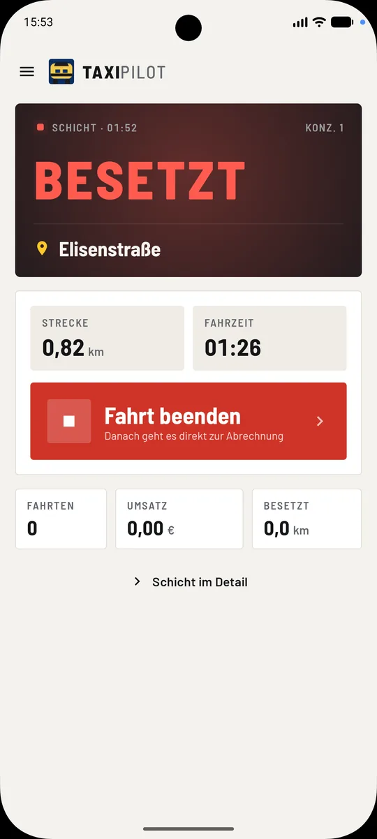 TAXI-Pilot während einer Fahrt: Status BESETZT, gefahrene Strecke und Fahrzeit