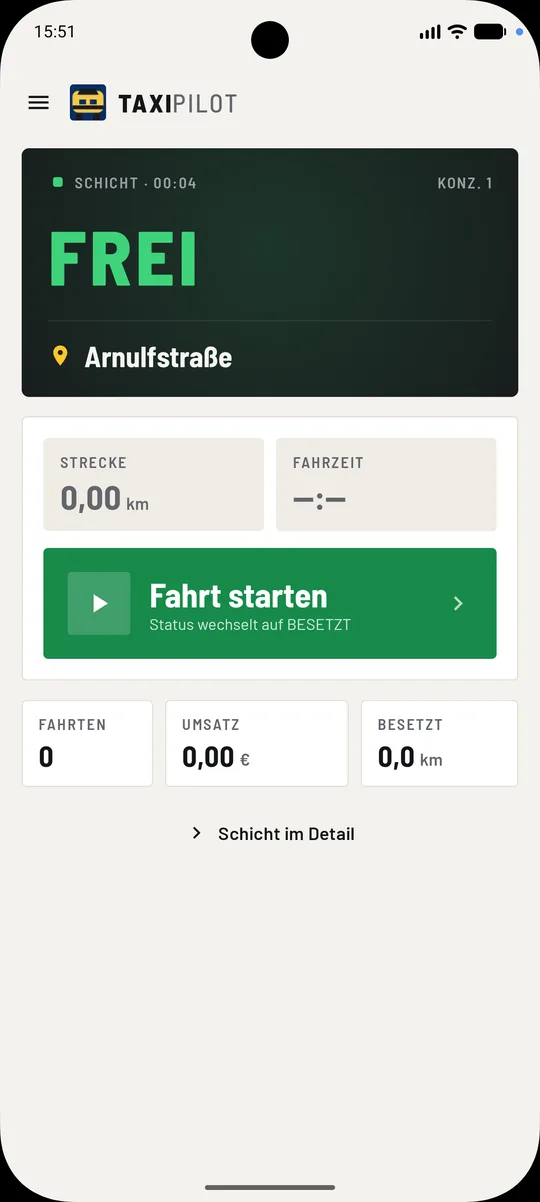 TAXI-Pilot mit Status FREI und Button Fahrt starten