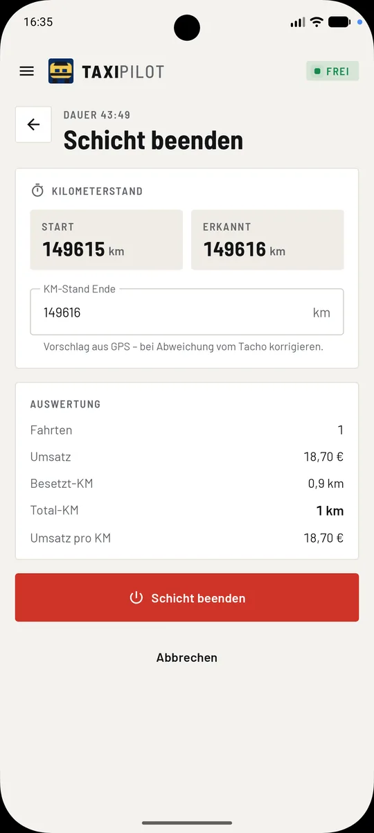 Schicht beenden mit Auswertung der Kilometer und des Umsatzes