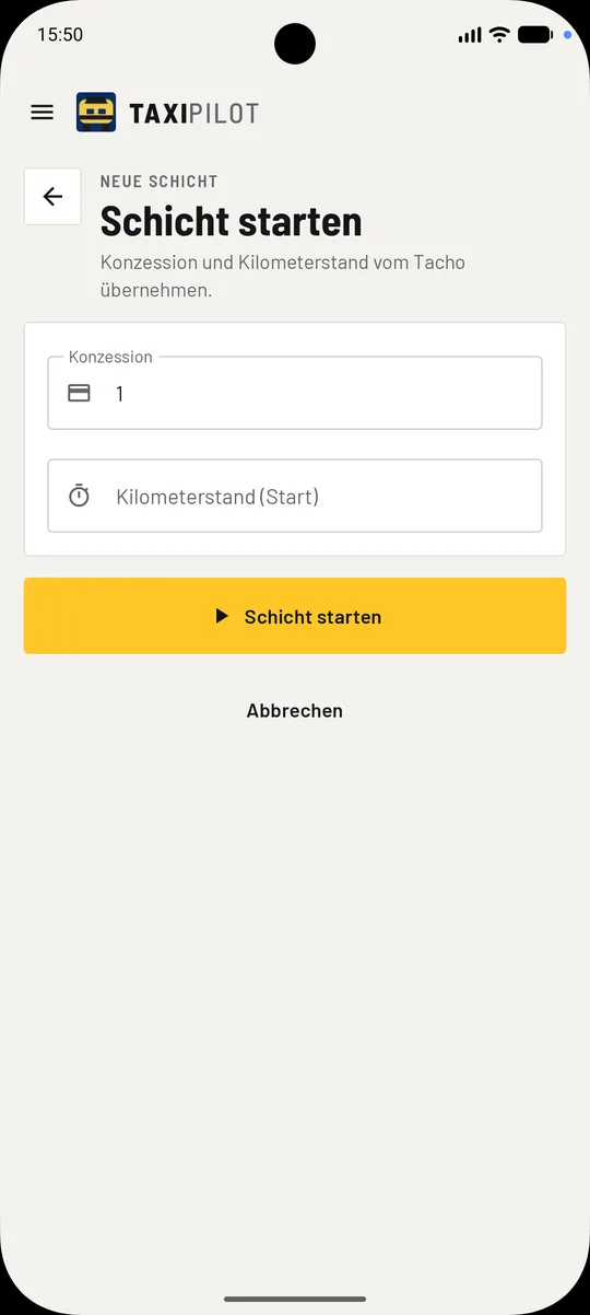 Schicht starten mit Konzession und Kilometerstand