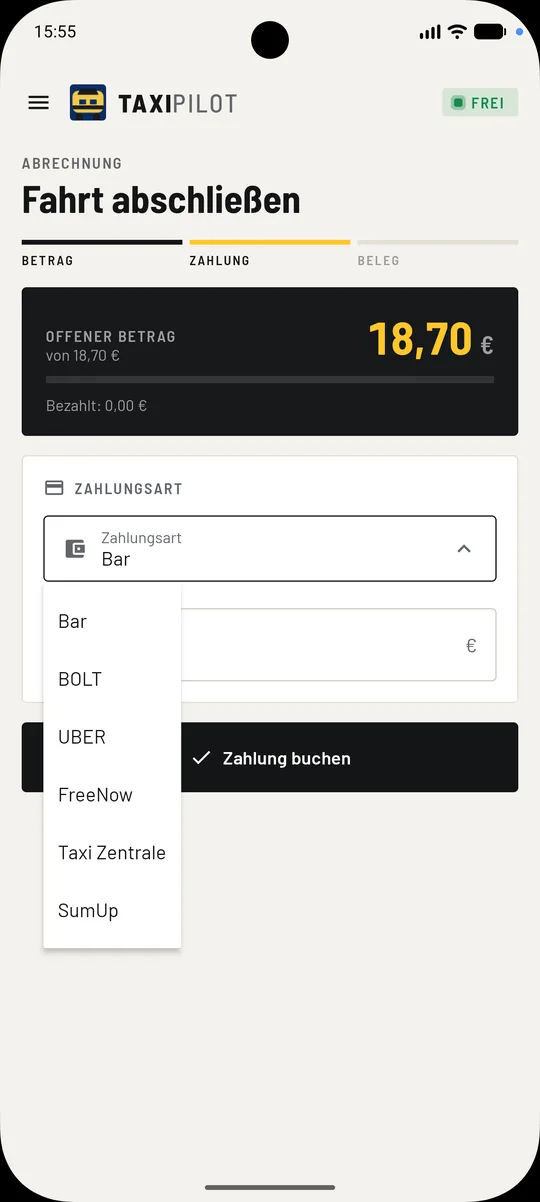 Fahrt abschließen mit Betrag und Auswahl der Zahlungsart